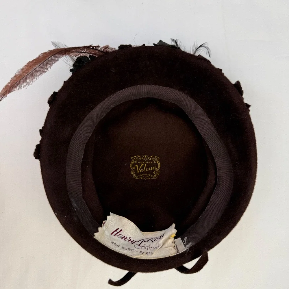 Vintage Henry G. Ross Original Brown Velour Feather Beret Hat Medium NY Paris